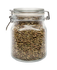 Dried Oregano Leaves in a Glass Canister