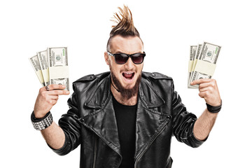 Punk rocker holding a few stacks of money