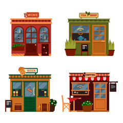 Vector illustration of buildings that are shops for buying drink.  Set of nice flat shops. Different Showcases - Wine, tea shop beer bars, coffee shops with menu.