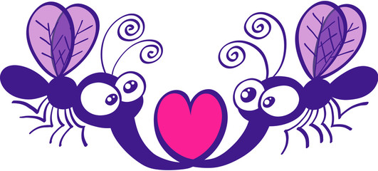 A couple of funny purple mosquitoes looking surprised, staring at each other and forming a heart with their proboscises while floating in the air and falling in love