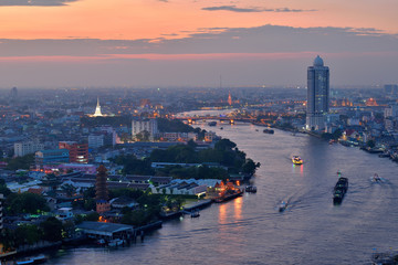 Chaophraya river bend at sunset view from top of bangkok