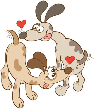 Enthusiastic dogs with bulging eyes, big noses and long ears while wagging their tails, sticking their tongues out, showing red hearts and falling irremediably in love by sniffing their butts