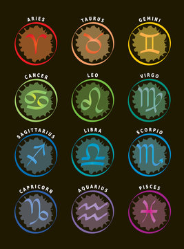 Signes du Zodiaque / 12 Icônes d'Astrologie avec leur Noms en Anglais - Fond Noir