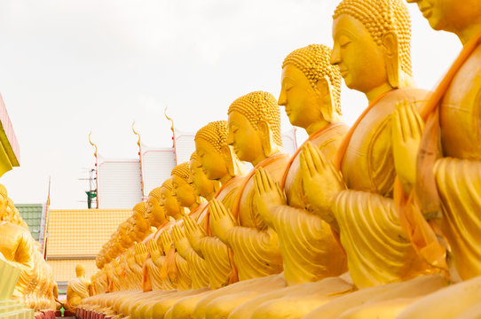 Row of golden bhudda statue meditation in Thailand