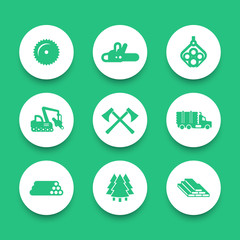 Logging, forestry equipment round icons, sawmill, logging truck, tree harvester, timber, wood, lumber, chainsaw icons set, vector illustration