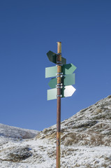 Blank green directional signs in mountain