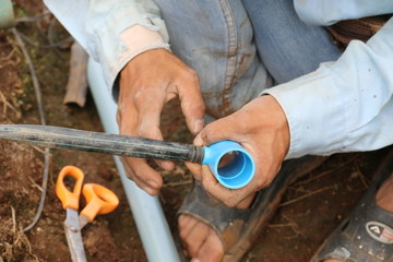 Man installing water pipes for agriculture.