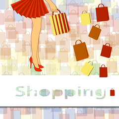 Waist-down view of shopping woman wearing red high heel shoes and carrying shopping bags. Vector illustration.