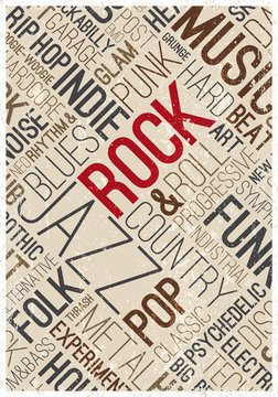 Vector music poster. Rock styles and genres typographic words cloud. Texture effects can be turned off.