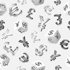 Seamless finance background with currency symbols dollar, euro, pound, yen, yuan. Vector illustration.