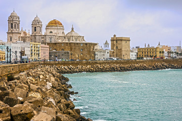 Cadiz, Spain. Seafront and old Cathedral