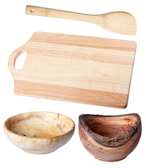 Cutting board, two wooden bowls, wooden shovel, isolate.