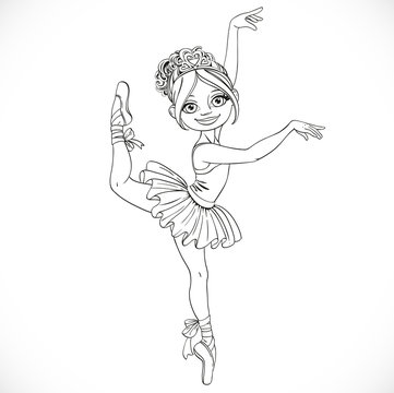 Cute ballerina girl dancing in tutu outlined isolated on a white
