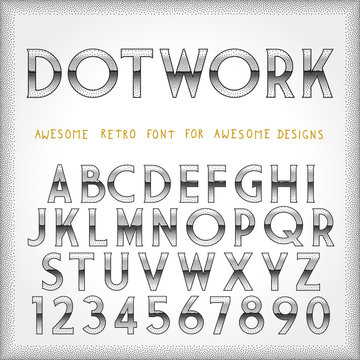 Dot Work Alphabet in 80s Retro Futurism style. Vector tattoo style font