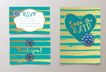Trendy card with succulent for weddings, save the date invitation, RSVP and thank you