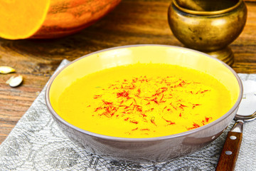 Carrot, Pumpkin Cream Soup with Saffron Diet Food