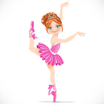 Ballerina girl in pink dress dancing on one leg isolated on a wh