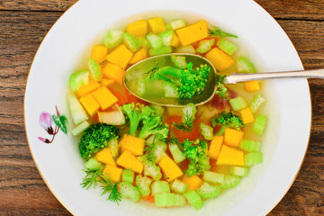 Chicken Soup with Broccoli, Carrots and Celery, Pumpkin and Nood