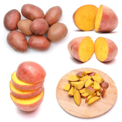 Set of potato tubers isolated on white background. Sliced raw potatoes