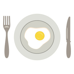 Яичница на тарелке с ножом и вилкой. Плоская Иконка