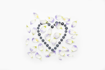 Blueberries hollow heart with flower petals directly from above on white background in the centre