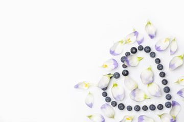 Blueberries hollow heart with flower petals directly from above on white background in the right bottom corner