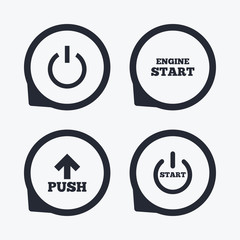 Power icons. Start engine symbol. Push arrow.