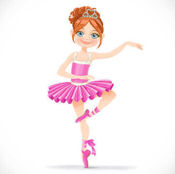 Cute brunette ballerina girl dancing in pink dress isolated on a