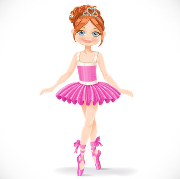 Cute brunette ballerina girl in pink dress isolated on a white b
