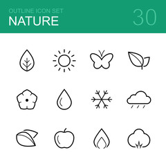 Nature vector outline icon set - leaf, sun, butterfly, sprout, flower, drop, snowflake, cloud, apple, fire and tree
