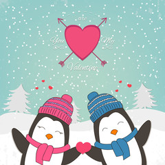 Happy Valentines Day card with cute couple penguin. Vector illustration