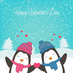 Happy Valentines Day card with cute couple penguin. Vector illustration