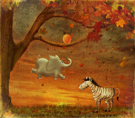 Illustration of a elephant and zebra in the forest