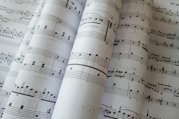 Naklejka premium Sheet Music Background Musical Notes with selective focus