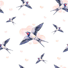 Naklejki  Piękna jaskółka na białym tle. Akwarela ilustracja. Wiosenny ptak przynosi miłość. Praca ręczna. Jednolity wzór