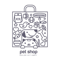 Outline illustration of cute cat and dog in shopping bag shape.