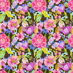 Seamless flower pattern with butterfly