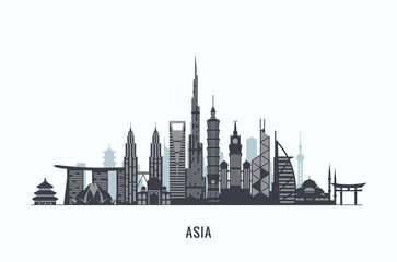 Asia skyline silhouette. Travel and tourism background. 