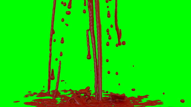 Animated dripping, pouring and splashing blood against green background in slow motion 2b.