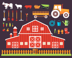 Flat farm in village set sprites and tile sets. instruments, flowers, vegetables, fruits, hay, farm building, animals, tractor, tools, clothing. Vector illustrations design background concept