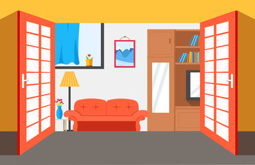 House room vector illustration background. Flat home interior furniture picture concept. Modern apartment for your posters or wallpaper idea design.