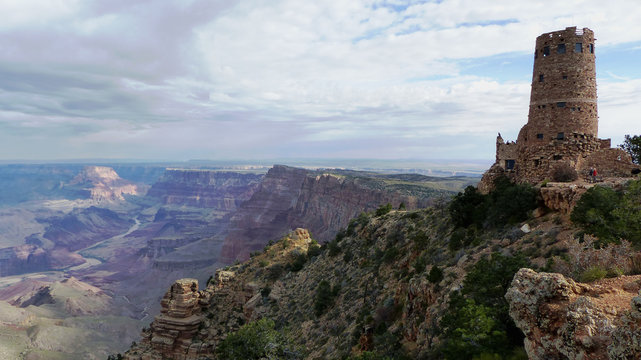 Grand Canyon/Desert View Watchtower on the edge of the Grand Canyon National Park in Arizona, United States, view to the Colorado River