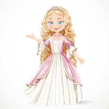 Beautiful young blond princess in a pink dress and tiara tells i