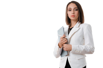 sexy business woman with glasses with the tablet on a white background