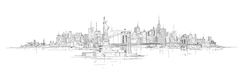 Fotobehang vector schets hand tekening panoramisch New York City silhouet © trentemollermix