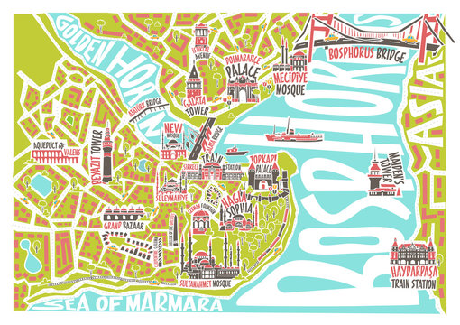 Vector illustration colored istanbul map with famous landmarks