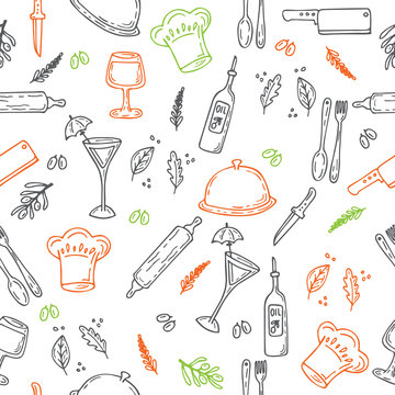 Hand Drawn Food Seamless Pattern. Sketch Kitchen Elements For Yo