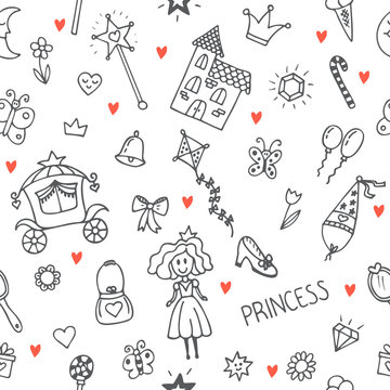 Hand drawn seamless pattern with princess girl doodle design ele