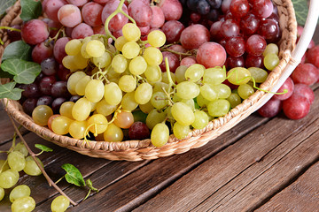 Grape in basket on wooden table