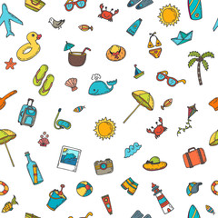 Seamless summer pattern with hand drawn beach icons. Vector beac